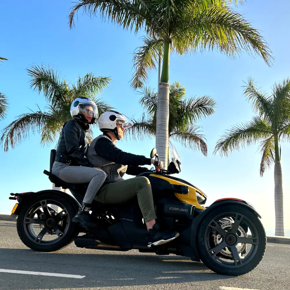 two people on a can-am ryker with palm trees | Tourist Discovery Gran Canaria